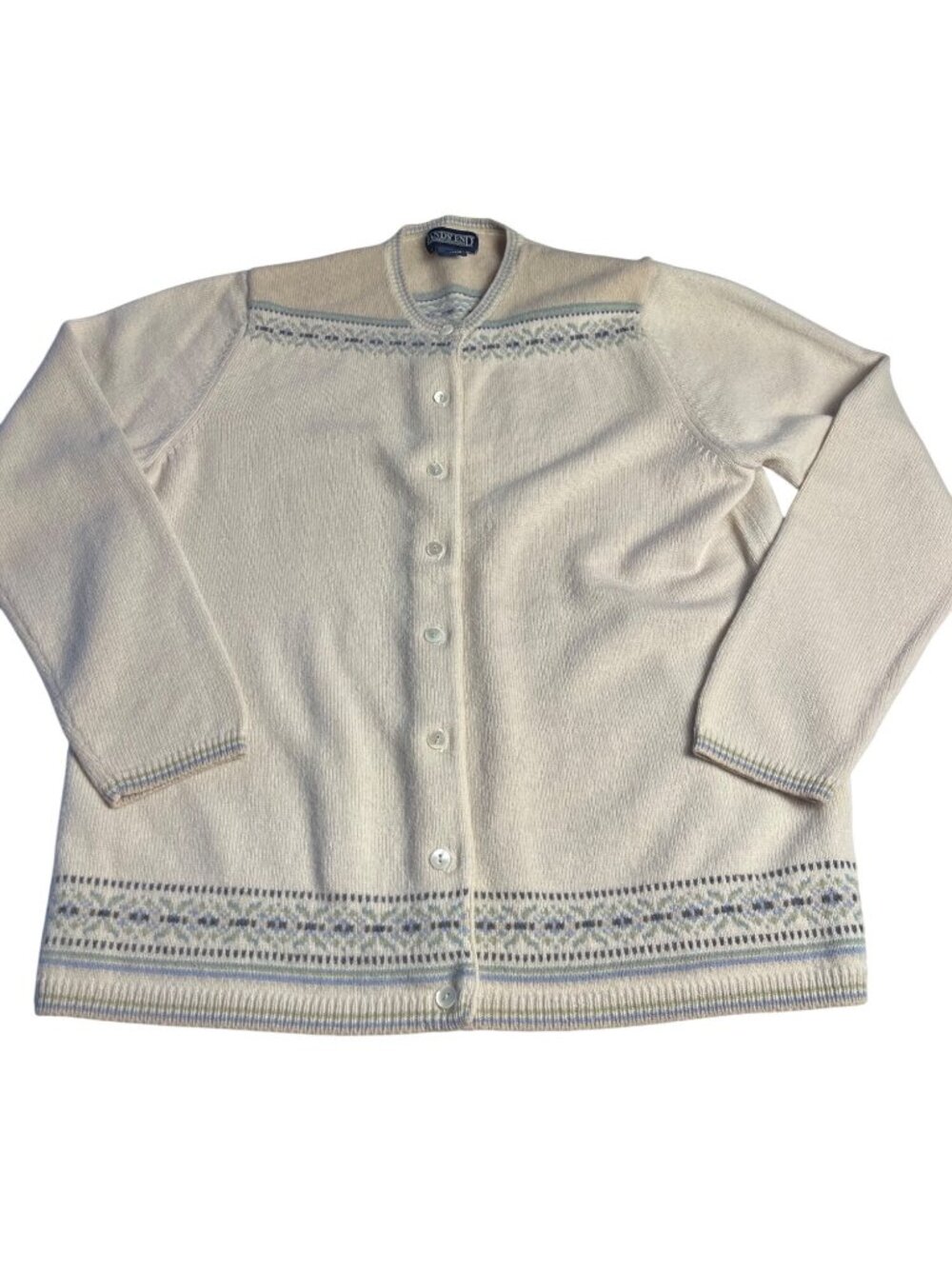 Lands End Fair Isle Cardigan Sweater Angora Wool Blend S Beige Nordic Pattern